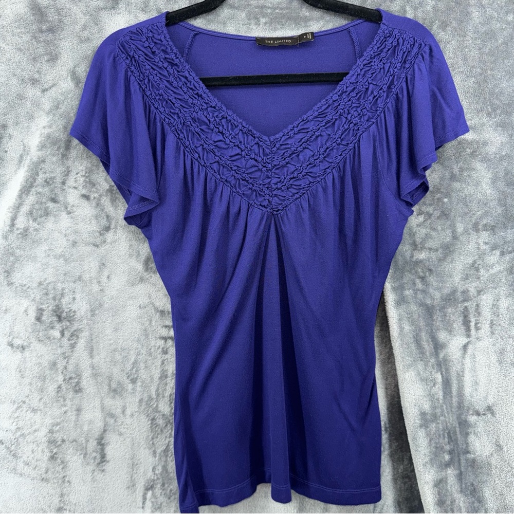 The Limited Blue/Purple Short V Neck Detail Flutter Sleeve Top Blouse Size Small